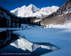 The Maroon Bells from Maroon Lake in winter, Maroon Bells-Snowmass Wilderness, Colorado